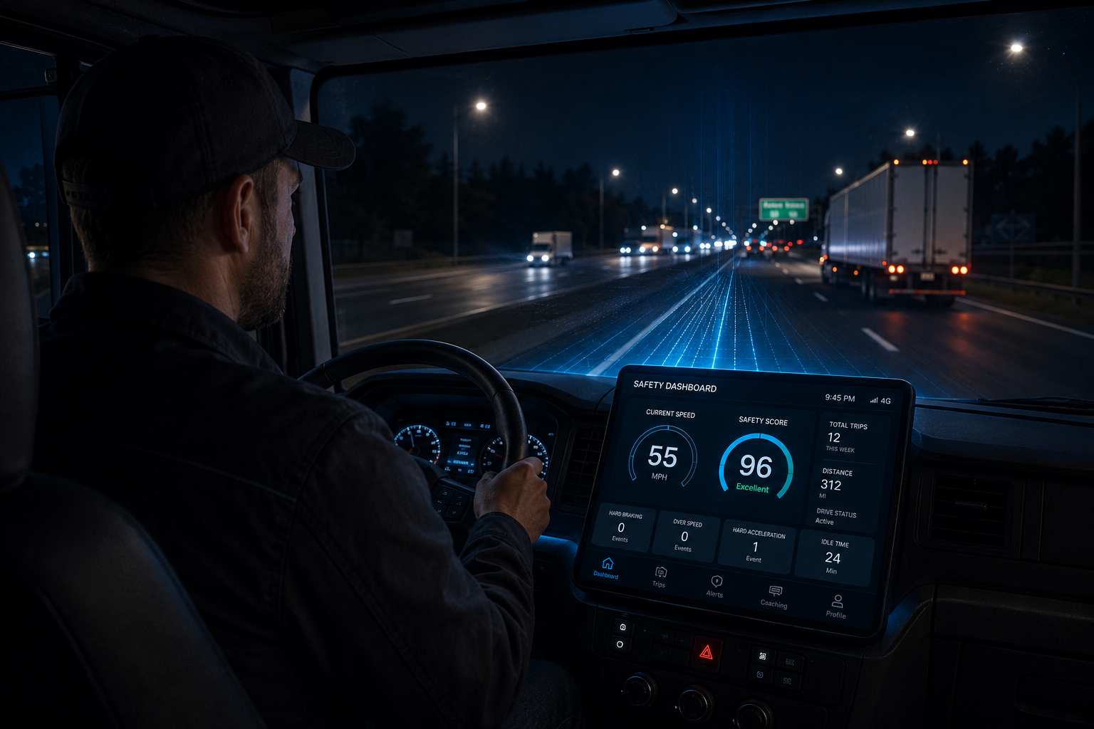 Truck driver at night with an in-cab safety dashboard showing speed, score, and event counts